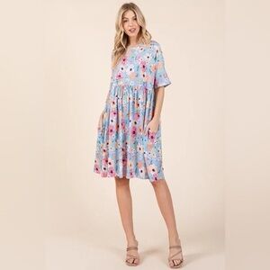 BOMBOM Floral Shirred Dress with Pockets